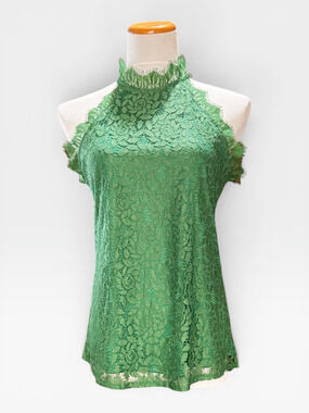 Green Lace Overlay A Line Tank Blouse Key Hole Button Closure Delicate Size Med